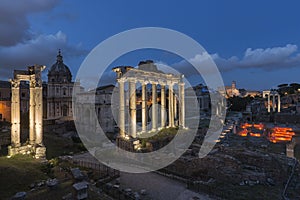 Sunset over Forum Romanum Fori Romani ancient site of antique city of Rome near Palatino hill