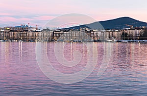 Sunset over Geneva. Embankment of leman River