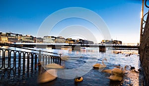 Sunset over Geneva. Embankment of leman River