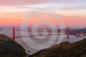 Sunset Over Golden Gate Bridge and San Francisco Skyline CA USA
