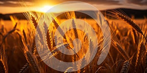 Sunset over a golden wheat field, the sun\'s rays casting a warm glow on the ripe ears of wheat