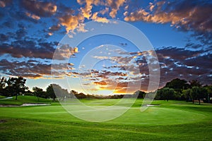 Sunset over golf course photo