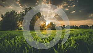 a sunset over a green field with the sun shining through the clouds, wind moving green grass