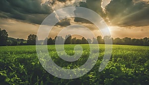 a sunset over a green field with the sun shining through the clouds, wind moving green grass