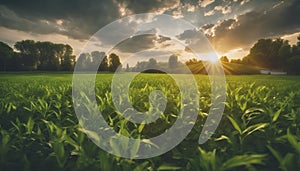 a sunset over a green field with the sun shining through the clouds, wind moving green grass