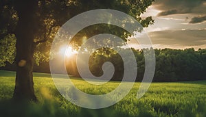 a sunset over a green field with the sun shining through the clouds, wind moving green grass