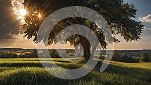 a sunset over a green field with the sun shining through the clouds, wind moving green grass