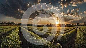 a sunset over a green field with the sun shining through the clouds, wind moving green grass