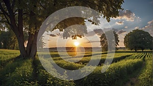 a sunset over a green field with the sun shining through the clouds, wind moving green grass