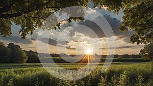 a sunset over a green field with the sun shining through the clouds, wind moving green grass