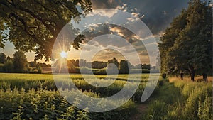 a sunset over a green field with the sun shining through the clouds, wind moving green grass