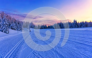 Sunset over the groomed cross country ski trails