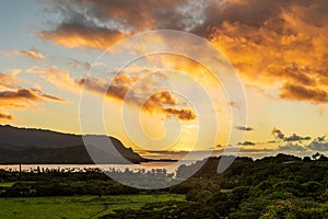 Sunset over Hanalei bay from overlook on the road