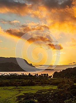 Sunset over Hanalei bay from overlook on the road