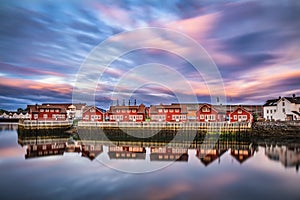 Sunset over harbor houses in Svolvaer, Lofoten islands, Norway