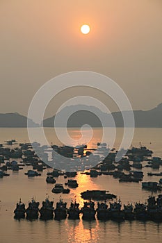 Sunset over harbour in Vietnam