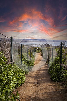 Sunset over Hiking trail above Dana Point Harbor