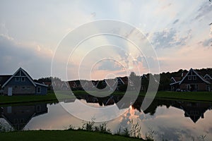 Sunset over a holiday park in the Veluwe