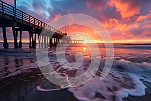 Sunset over Huntington Beach Pier, Los Angeles, California, USA, long tall pier at sunset, small waves rolling in, AI Generated