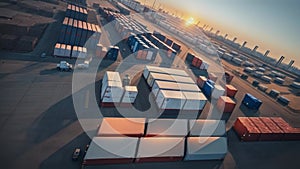 Sunset over industrial container yard, logistics hub with warehouses. Aerial view of cargo storage, shipping industry at