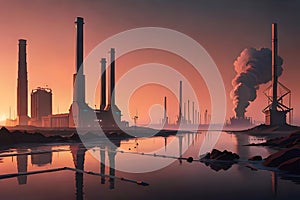 Sunset Over the Industrial : Fiery Hues Transform a Colossal Factory into an Epic Vision in an Urban Dystopia with Generative AI
