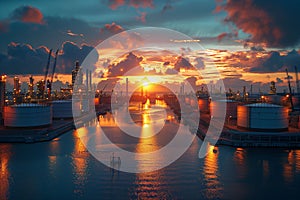 Sunset Over Industrial Harbor With Cranes and Storage Tanks