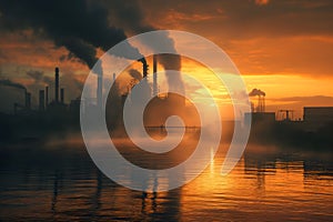 Sunset over industrial part of the city covered in smog. Reflection in the water. AI generated illustration.