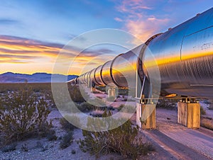 Sunset Over Industrial Pipeline in Desert Landscape