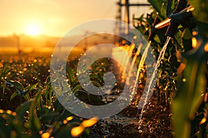 Sunset Over Irrigated Cornfield with Sprinklers.