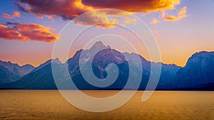 Sunset over Jackson lake and the Grand Tetons