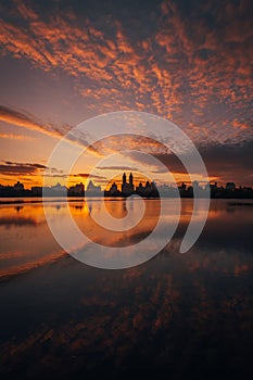 Sunset over the Jacqueline Kennedy Onassis Reservoir, in Central Park, Manhattan, New York City