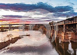 Sunset over James River, Browns Island, Richmond Virginia. Pink clouds over river on a sunset