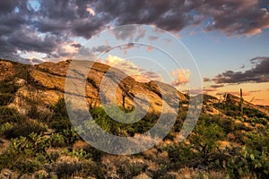 Sunset over Javelina Rocks in Saguaro National Park, Arizona photo