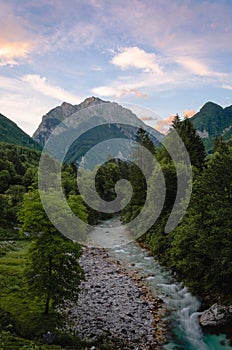 Sunset over the Koritnica river in Slovenia