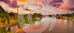 Sunset over Kwai river, Kanchanaburi, Thailand. Panorama