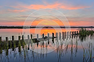 Sunset over lake with bank willow campshedding