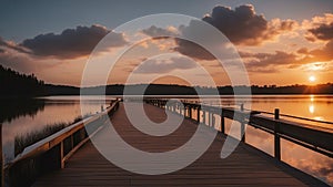 sunset over the lake dock at sunset on ocean