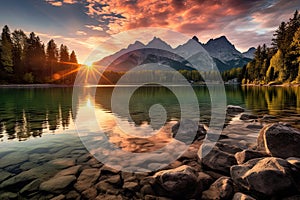 Sunset over the lake in the Dolomites, Impressive summer sunrise on Eibsee lake with Zugspitze mountain range, AI Generated photo