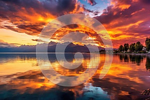 Sunset over Lake Garda in Italy with reflection in the water, Bright sunset over Lake Geneva, Switzerland, with golden clouds