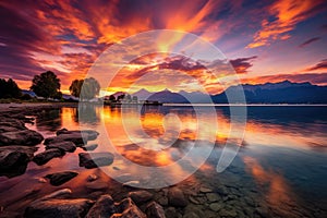 Sunset over lake Lucerne, Switzerland. Long exposure, Bright sunset over lake Geneva, Switzerland, golden clouds reflect in the