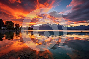Sunset over Lake Lucerne, Switzerland, with reflection in the water, Bright sunset over lake Geneva, Switzerland, golden clouds