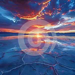 a sunset over a lake with mountains in the background