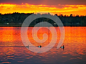 Sunset over Lake in northern Minnesota in spring