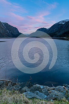 Sunset over Lake Sandvinvatnet from a campground in the town of Odda