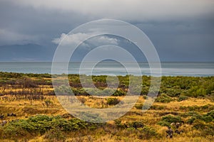Sunset over Lake Sevan, mountain in the background. Armenia