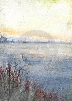 Sunset over the Lake watercolor painting