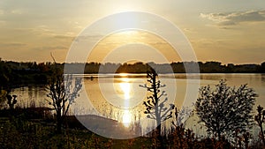 sunset over the lake and young trees on the shore in a warm May evening. reflection on water