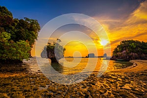 Sunset over Laopilae archipelago around Ko Hong island near Krabi, Thailand