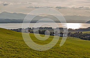 Sunset over Liptovska Mara lake in Liptovsky Trnovec village, Slovakia.