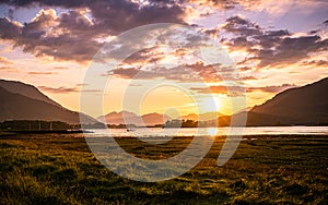 Sunset over Loch Leven in Glencoe, Scotland